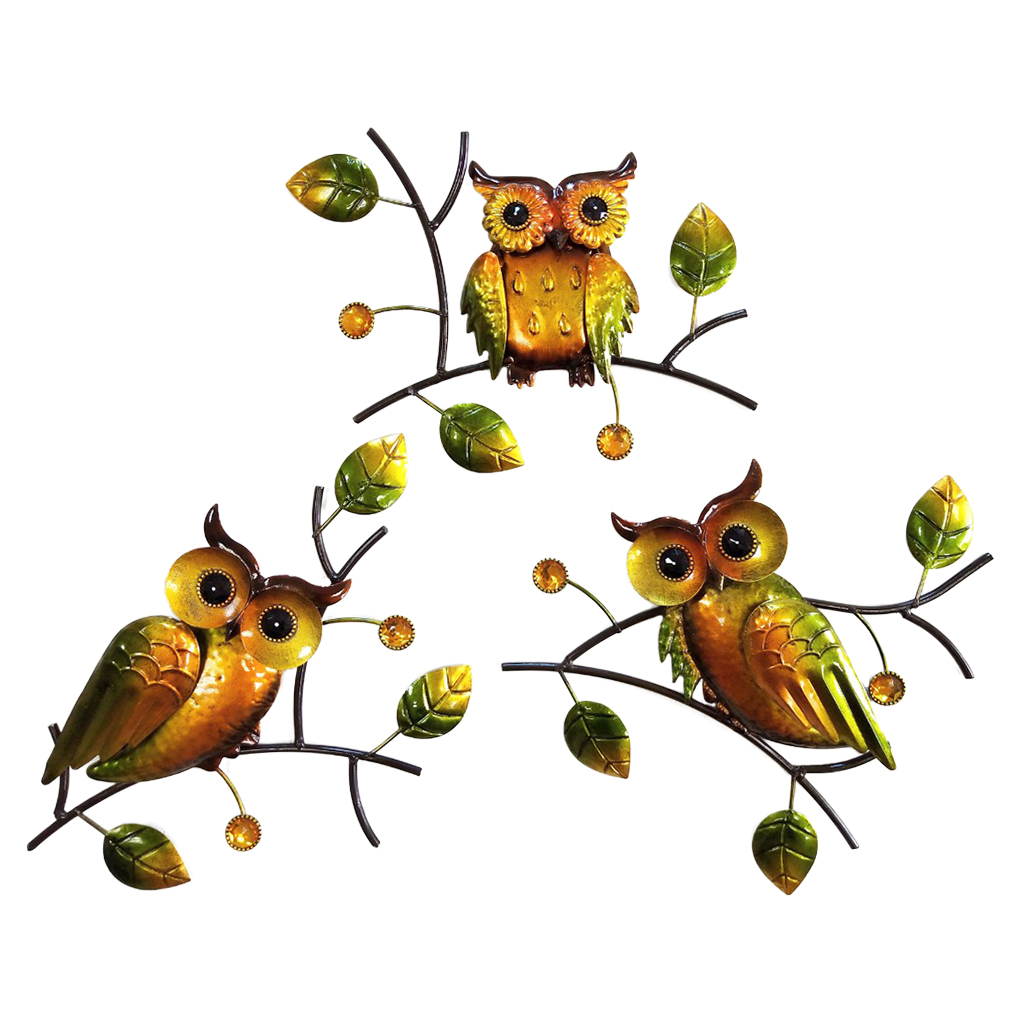 3pcs Wall Hanging Metal Owl Sculpture Wall Art Decor, Nursery Kid's Room Bas