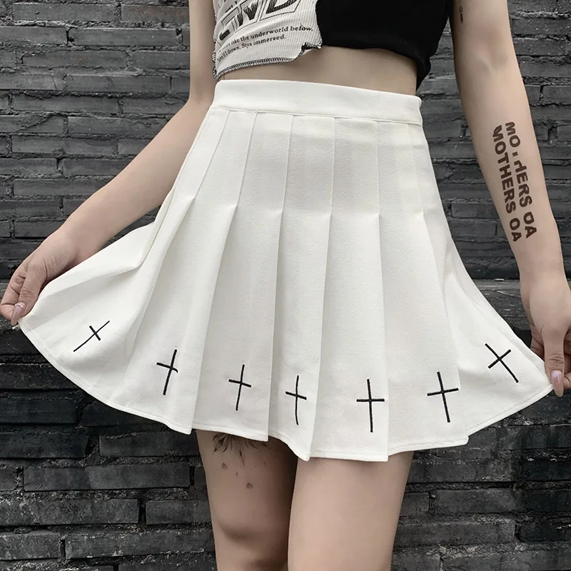 NP Punk Women Mini Skirt Pleated A-Line Skirt Sashes Waist Sweet Summer Casual 