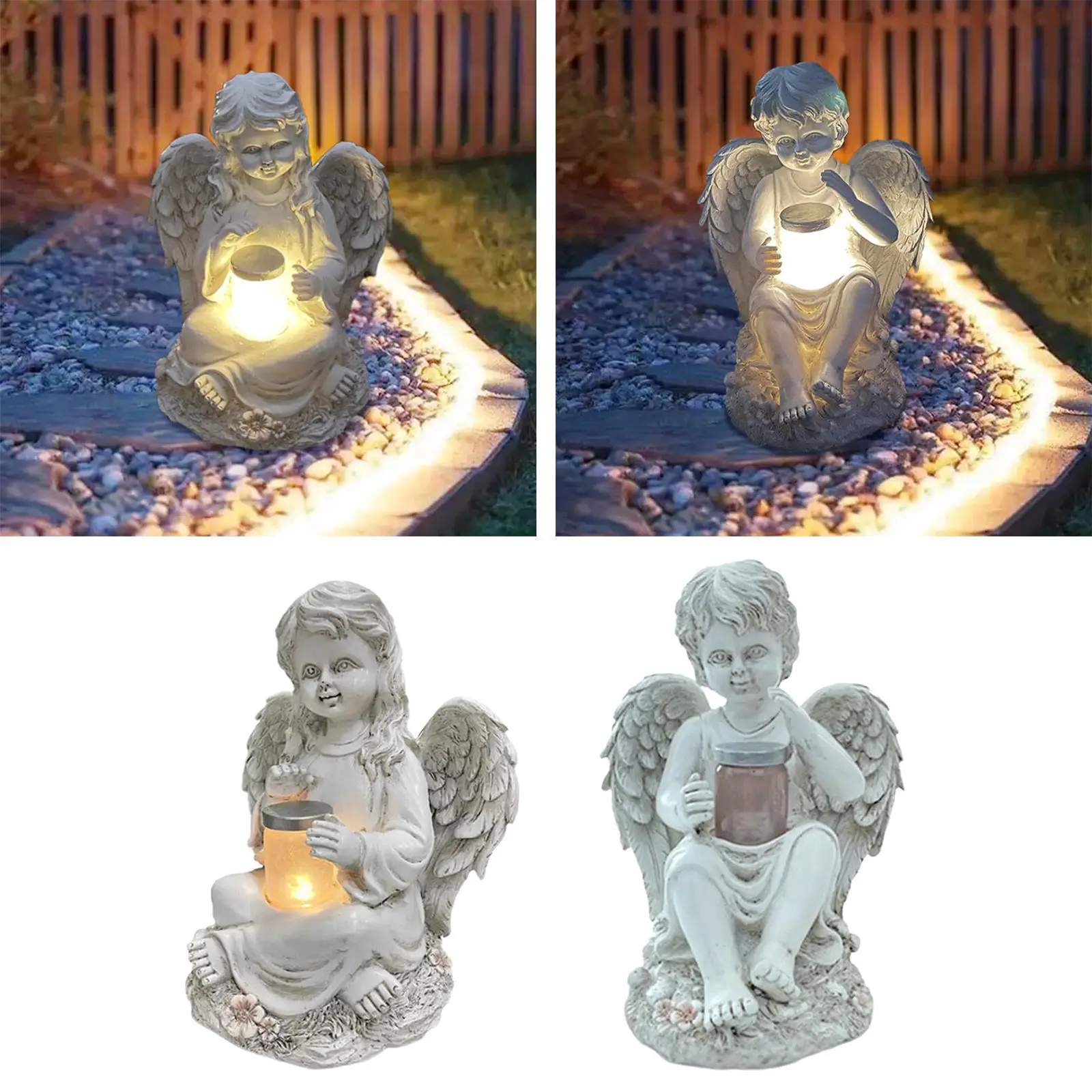 Solar Powered Resin Angle Statue Courtyard Figurines Decoration Garden Pastoral Luminous Figure Sculpture Ornamnet