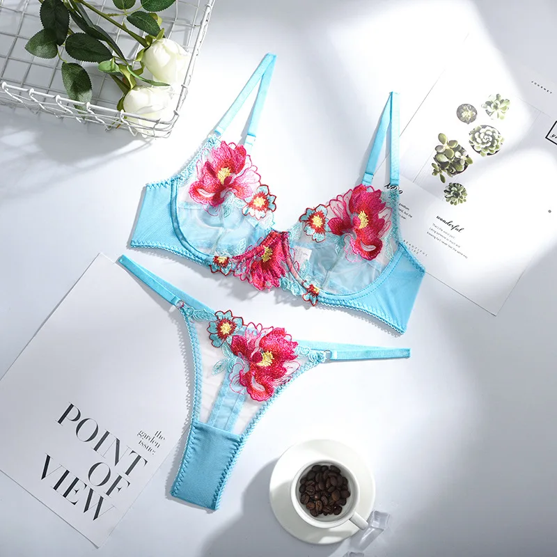 Muyiweixue2021 Summer New Fashion Lace Flower Embroidered Elements with Steel Ring Gather Sexy Underwear sexy bra and panty set