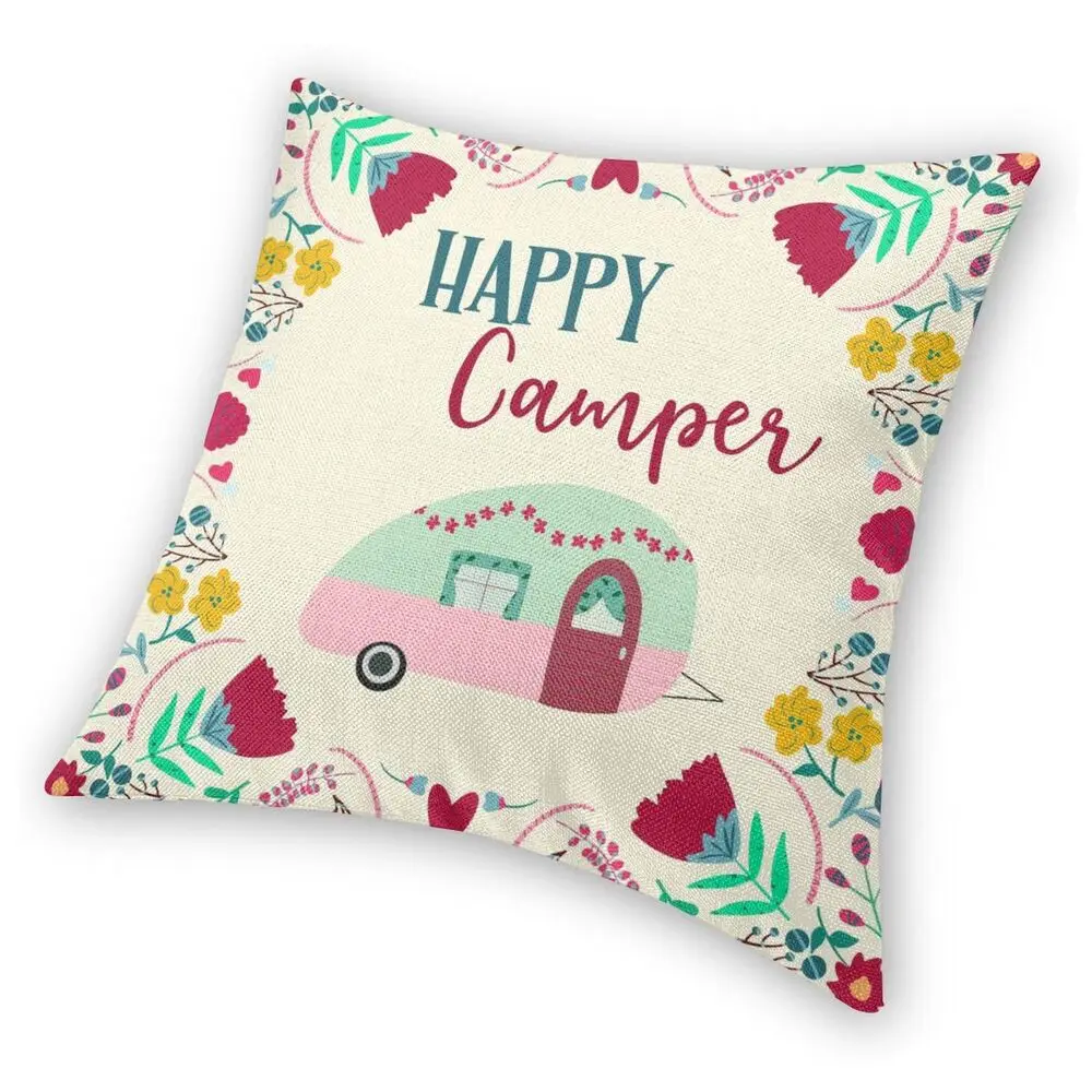 Happy Campers Camping Caravan Cushion Cover 17" 45cm Square Cotton Blend Beige 