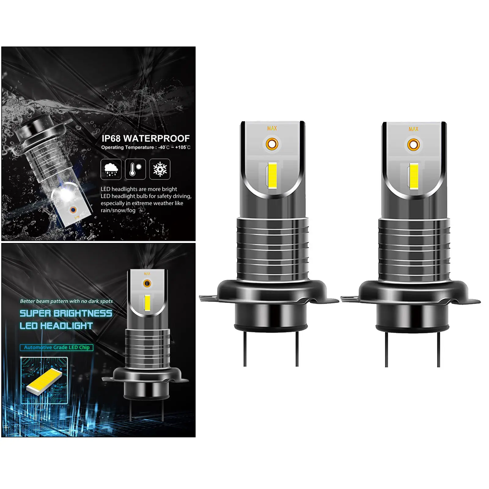 H7 LED Headlight Bulbs Kit 6 Sides High Low Beam 6000K White Replacement Bulbs IP68 Waterproof Adjustable Fog Light 12V 55W