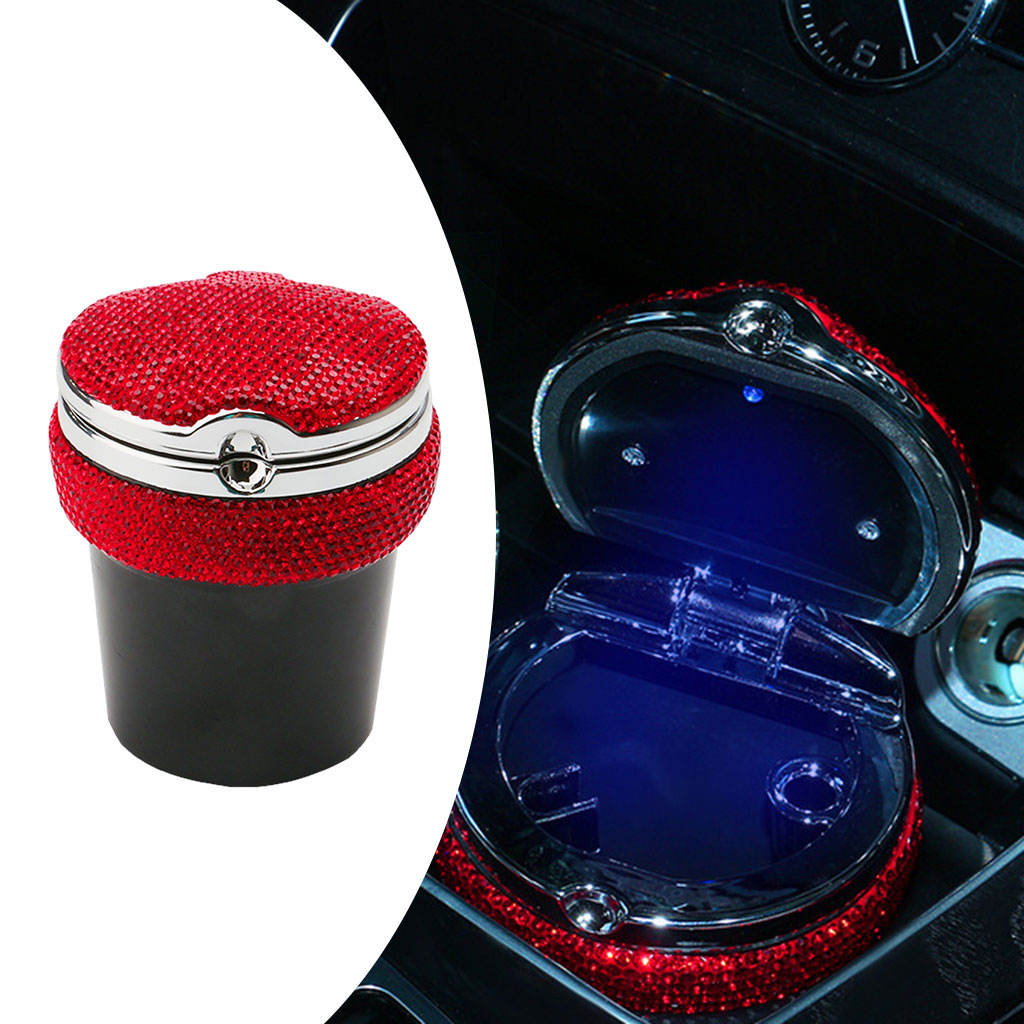 Car Ashtray with LED Interior Vehicle-Mounted Washable Rhinestones Decoration Auto Ashtray Fit for Dashboard Cup Holders Travel