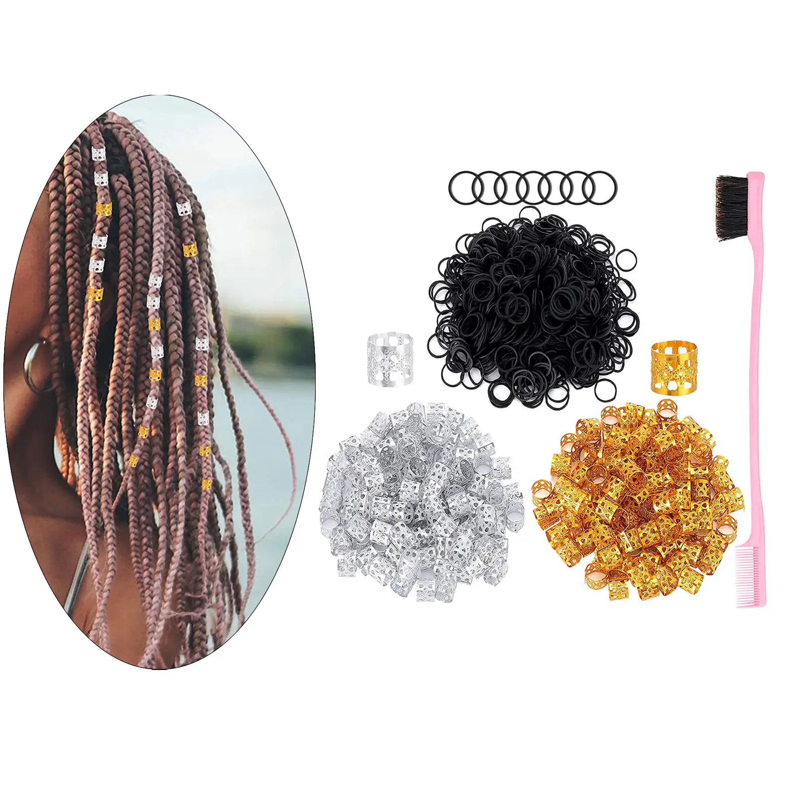 1201Pcs Dreadlock Beads Decoration Black Rubber Bands Accessory Metal Hair Tube Beads for Braids Hair Clip Decoration Women