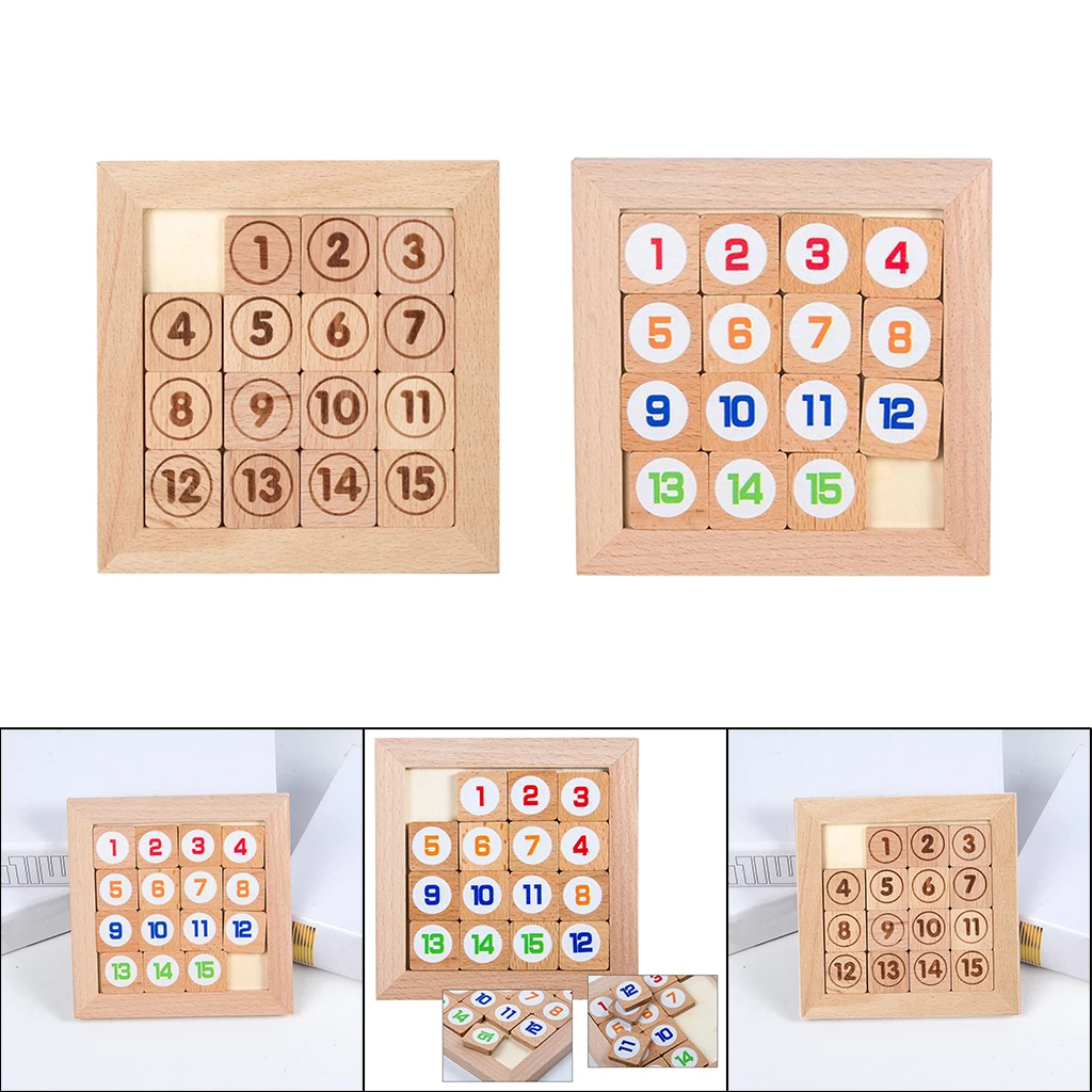 15 Sliding Tiles Puzzel Toy Math IQ Klotski Wooden for Adults Children