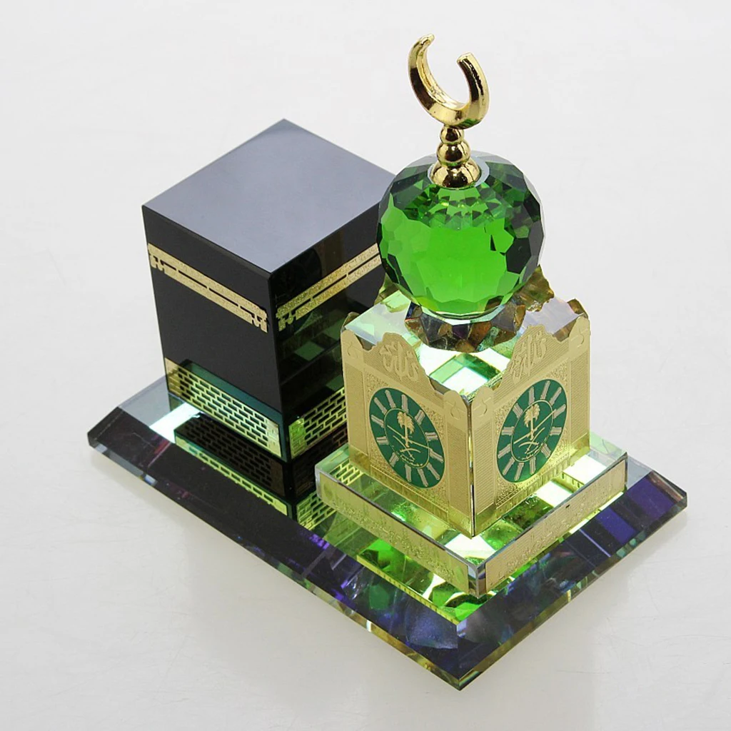 Eid Muslim Crystal Ramadan Architecture Miniature Ornaments Clock Statue Islamic Building Figurines Gift for Home Office Room