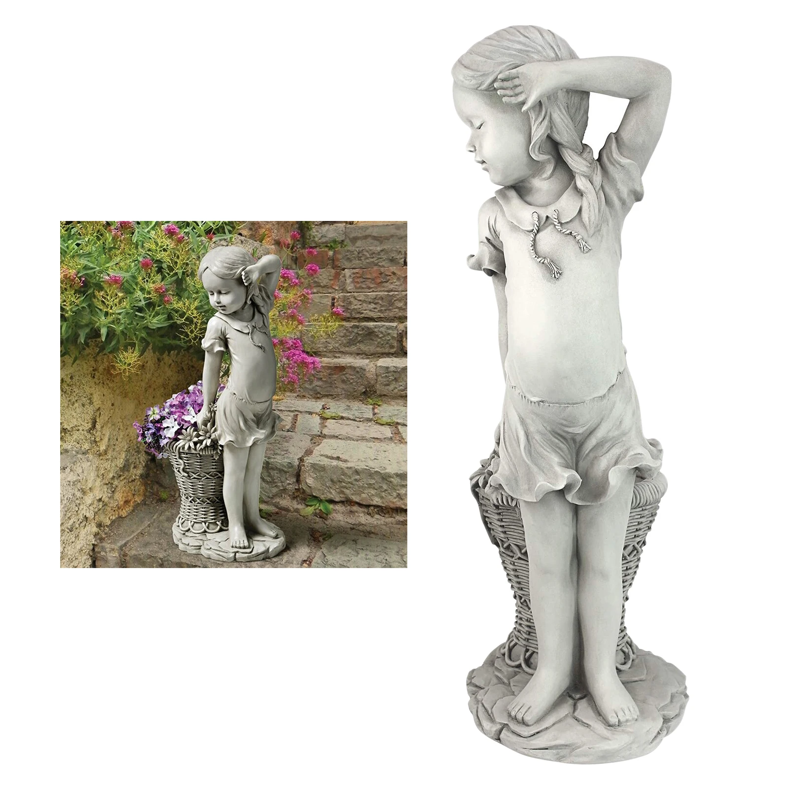 Flower Girl Statue Adorable Child Outdoor Sculpture Garden Yard Decor Ornament Antique Stone