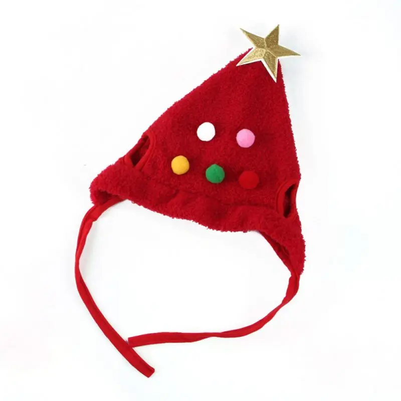 Un gorro navideño de fieltro rojo con una estrella en la parte superior. Tiene un diseño sencillo con una banda que rodea la cabeza y una parte superior puntiaguda. También hay algunos elementos decorativos en la parte delantera del sombrero, que parecen botones o cuentas de diferentes colores.