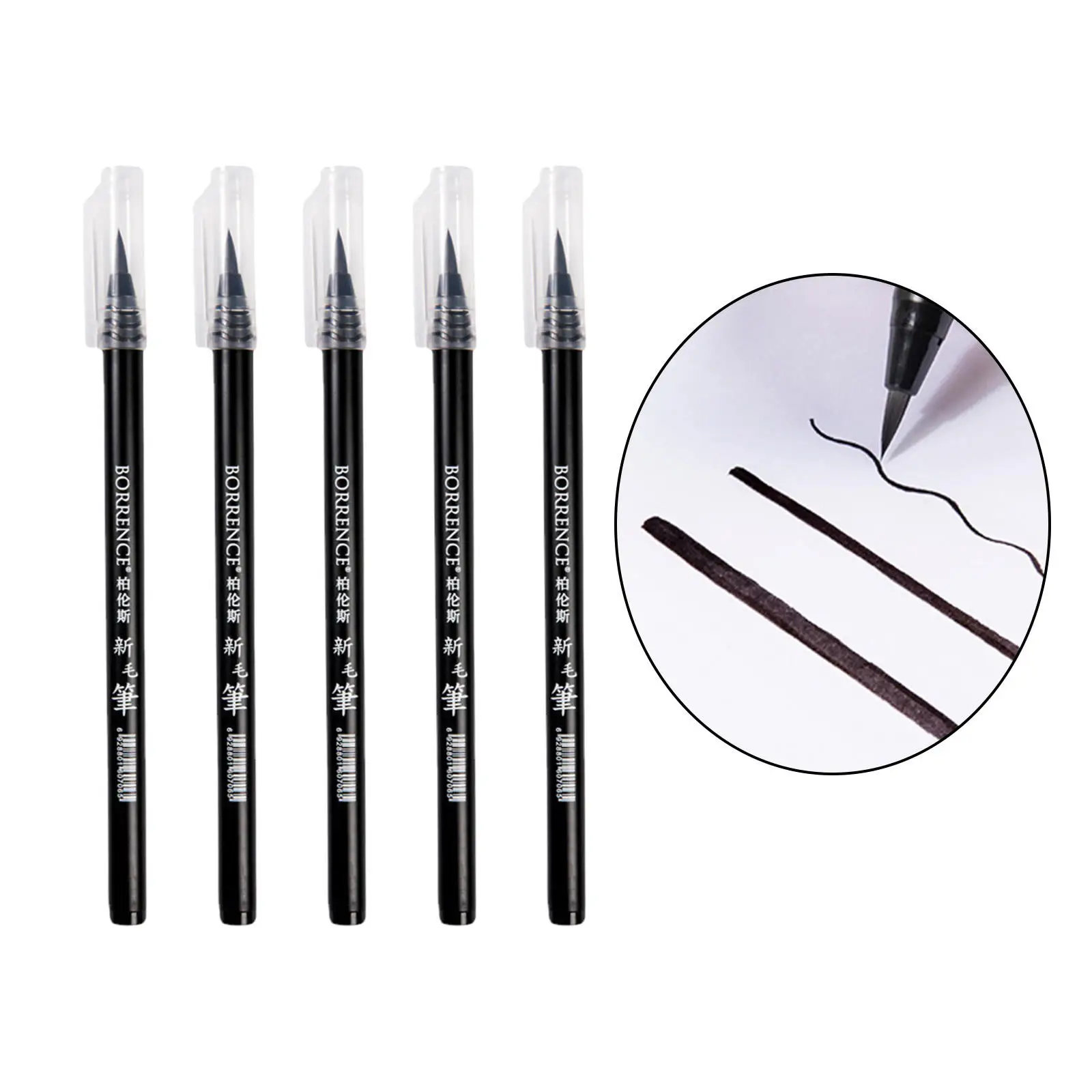 5Pcs Soft Brush Pen Black Waterproof Compact Plastic Shaft Synthetic Art Drawing Writing Lettering for Artist Painting Brush Set