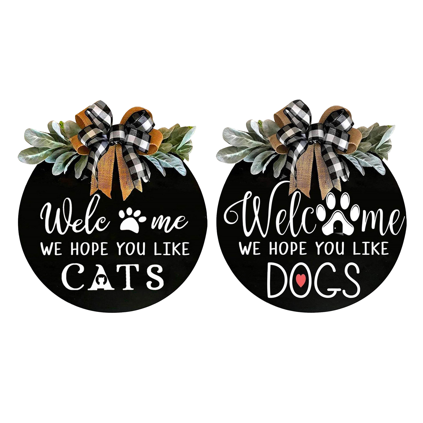 Welcome Sign for Front Door,16In Front Door Decors -We Hope You Like Dogs/Cats Wooden Porch Decor for Farmhouse w/ Green Leaves