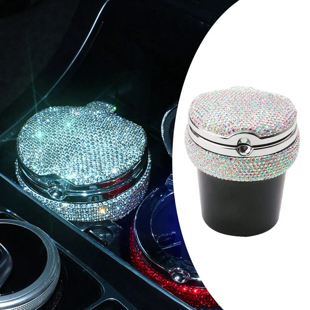 Car Ashtray with LED Interior Vehicle-Mounted Washable Rhinestones Decoration Auto Ashtray Fit for Dashboard Cup Holders Travel