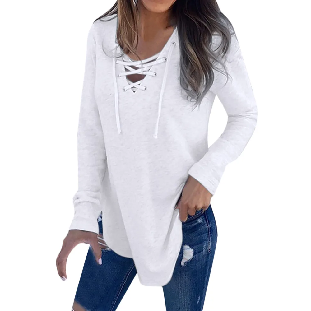 Shirt Women 2020 White Solid V Neck Strap Long Sleeve Shirt Top Autumn Blouse Casual Women's Clothes Ropa De Mujer