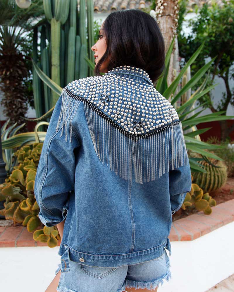 TEELYNN Boho-Jeansjacke für Damen, langärmelig, Herbst, lockere Jeansjacke mit Fransen, Perlen und Nieten, lässige Oberbekleidung – Detail 11