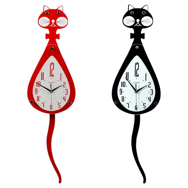 Non-Ticking Wall Clocks Cat Swing Tail Pendulum Clock With Wall