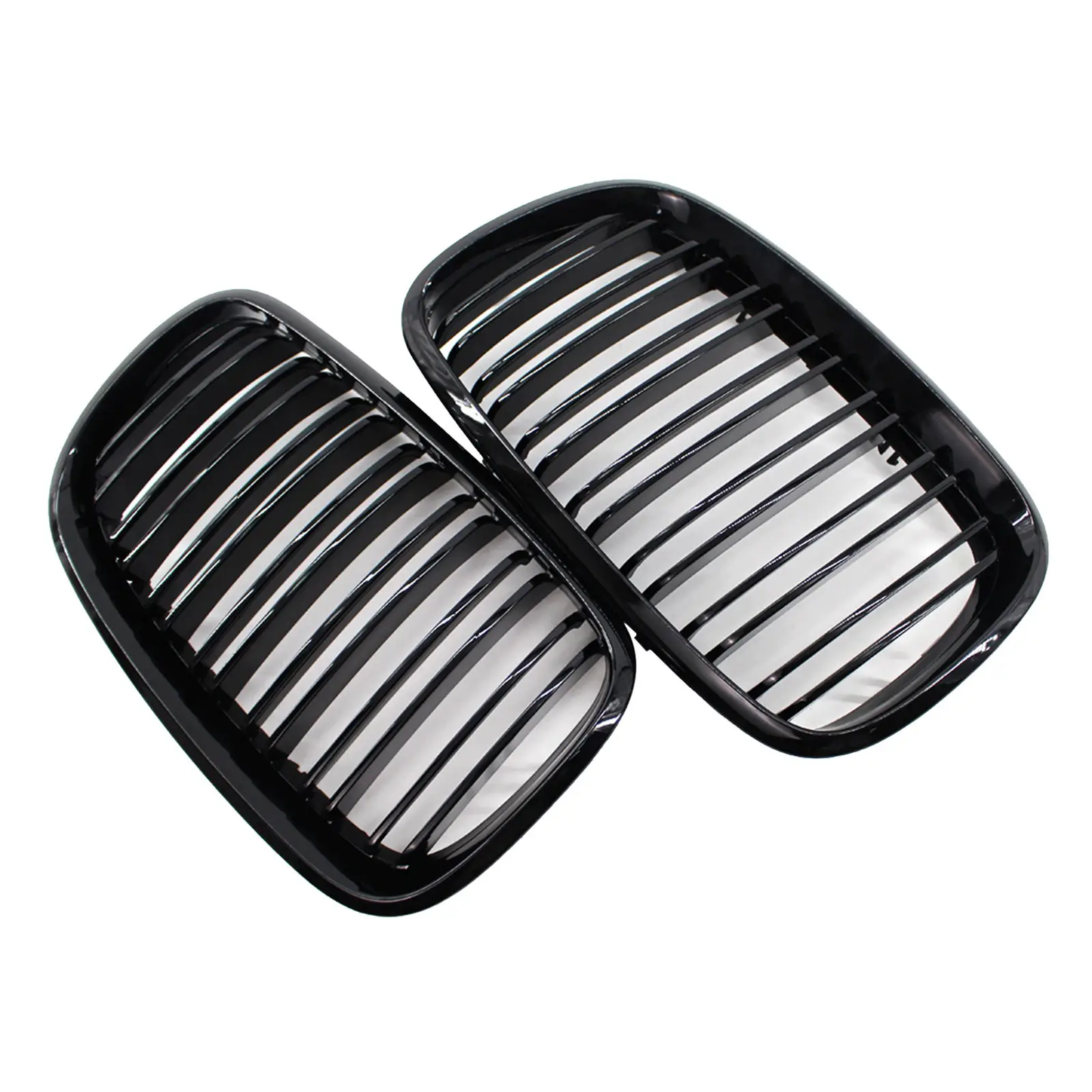 Black Front Kidney Double Line Grill Grille for BMW X5 E70 E71 2007 2008 2009 2010 2011 2012 2013, ABS Gloss Black Grill Set