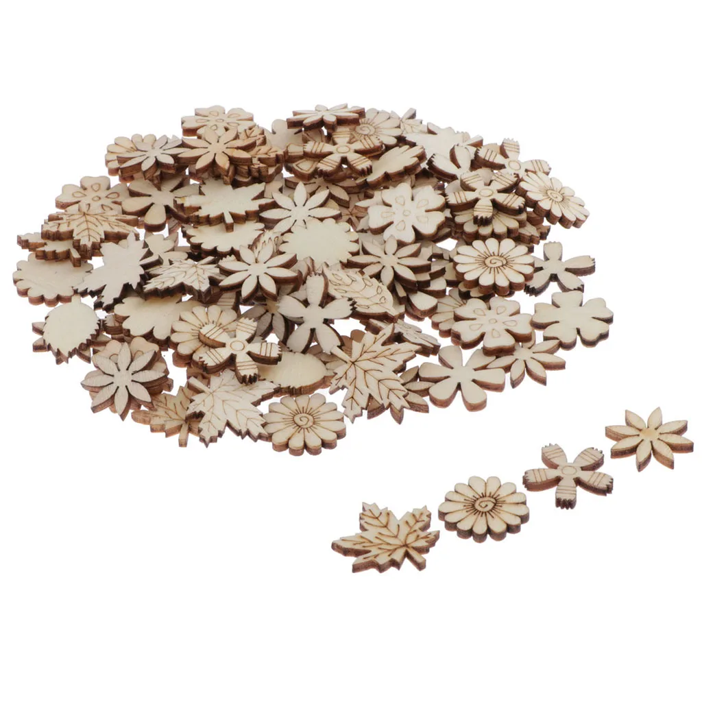 100pcs Wooden Flowers and Leaves Embellishment Wooden Shape Wood Slices Craft for DIY Wedding Christmas Decoration