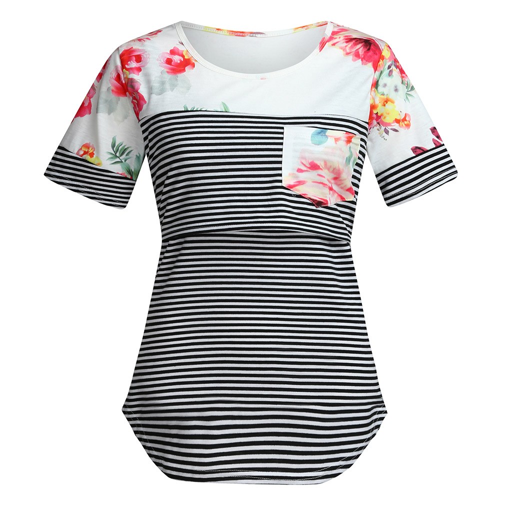 Camisa da Maternidade para Mulheres Roupas de Verão Camisas de Amamentação Roupas de Gravidez Outono Manga Curta Listra Enfermagem Superior Mais Tamanho 20 Blusas & Camisas