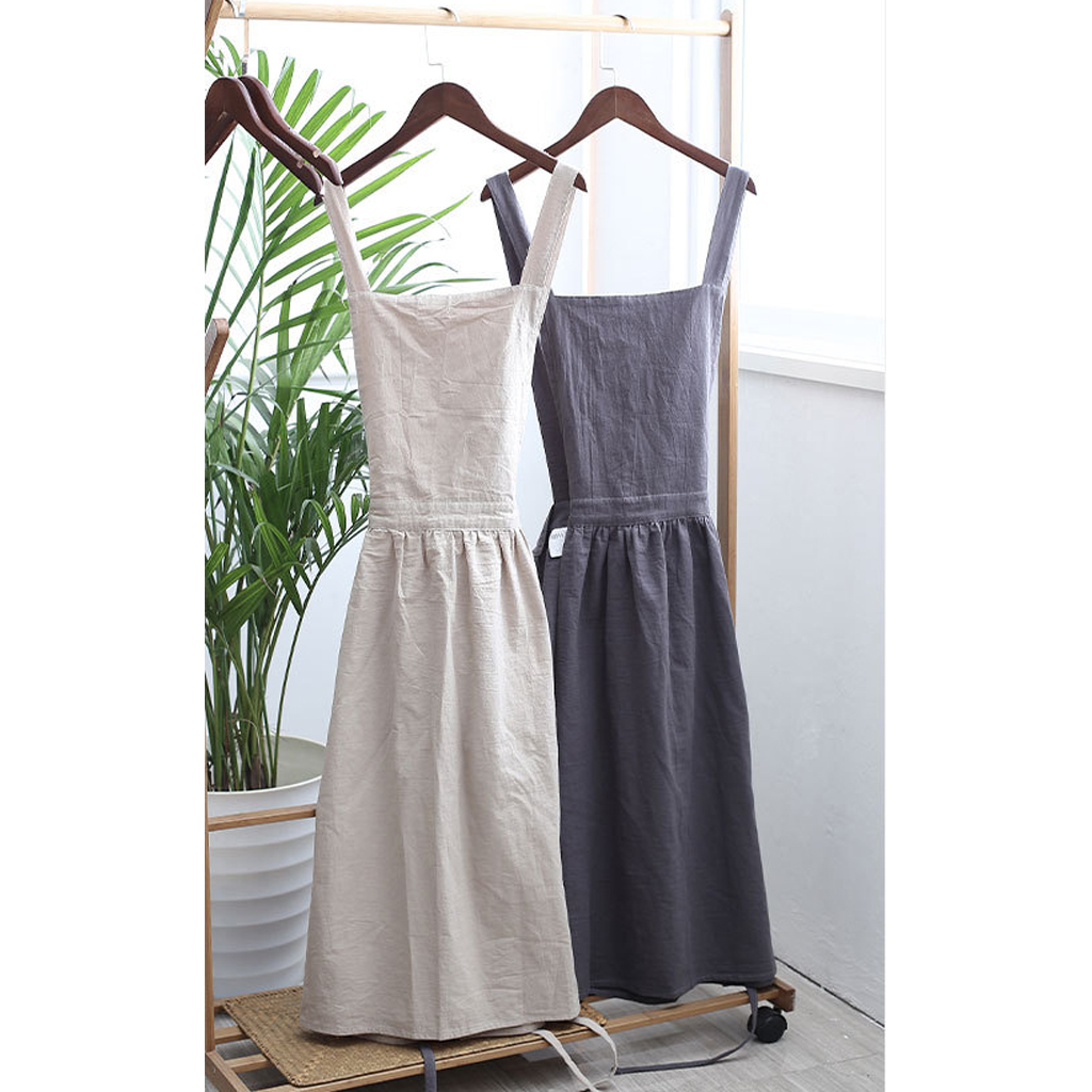 1pc Retro Women Cotton&Linen Apron Strap Pinafore Dress Restaurant Suit Home