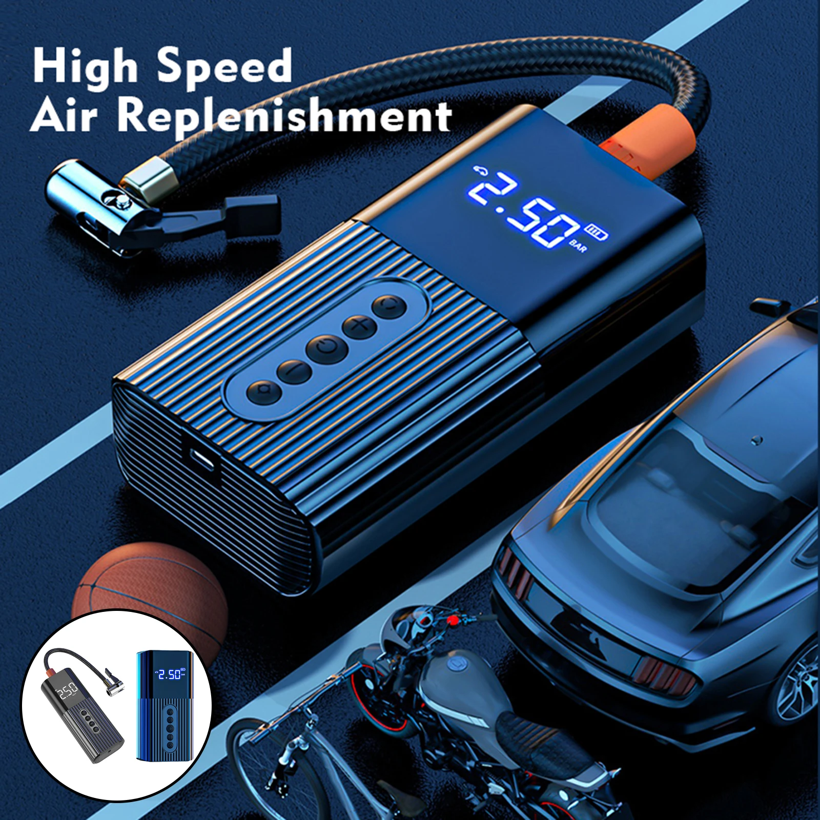 Electric Air Pump Compressor Portable Car Pump Tire Pump with LED Light Rechargeable Li-ion Battery for Bicycles Car Motorcycle