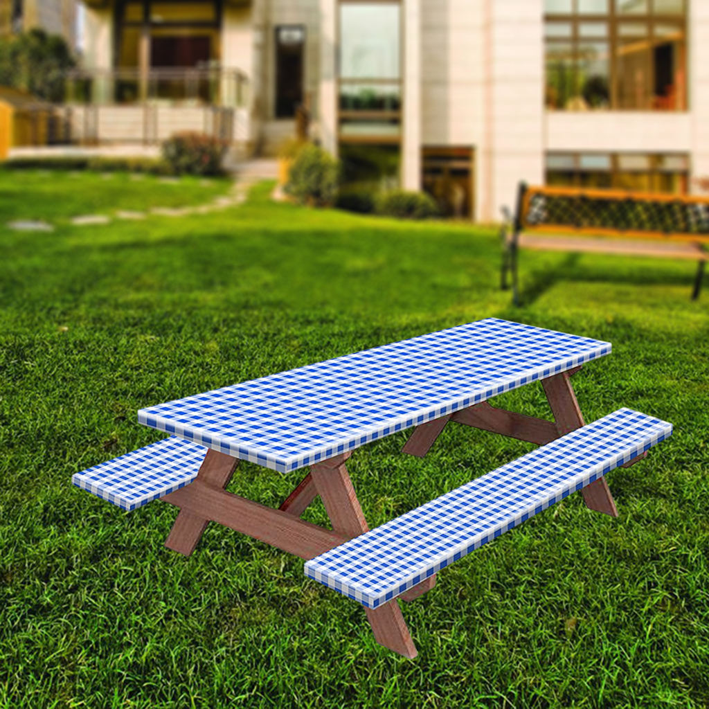 Picnic Table & Benches Cover with Flannel Backing Checkered Printed Fitted Tablecloth for Park Party