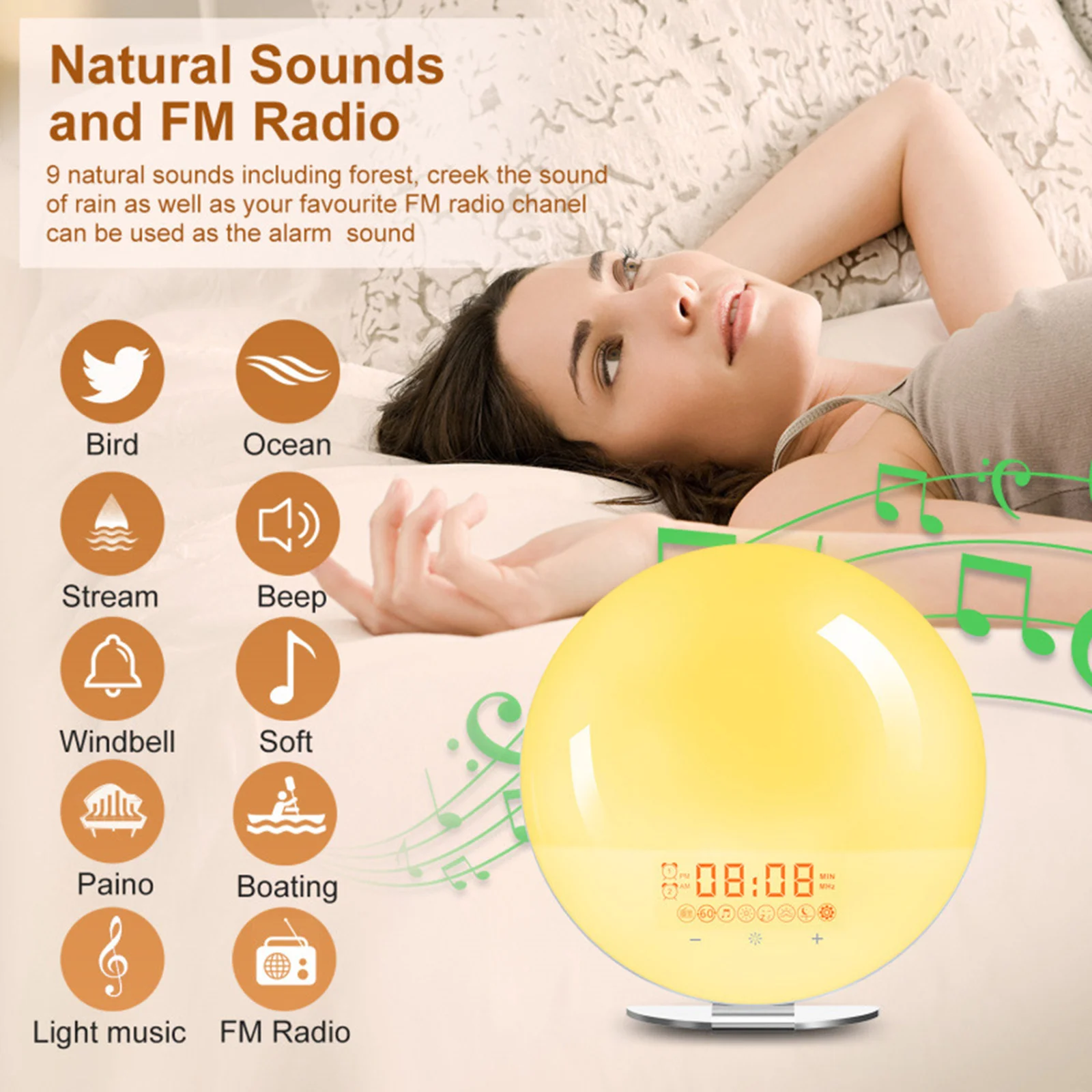Wake Up Light  Light with Sunrise Sunset Simulation Sleep Aid FM Radio 8 Natural Sounds for Bedroom Bedside Kids Adults US Plug