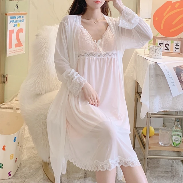 Romantic Nightgowns Mesh Lace Robe Sets Women Sexy Nighty Peignoir