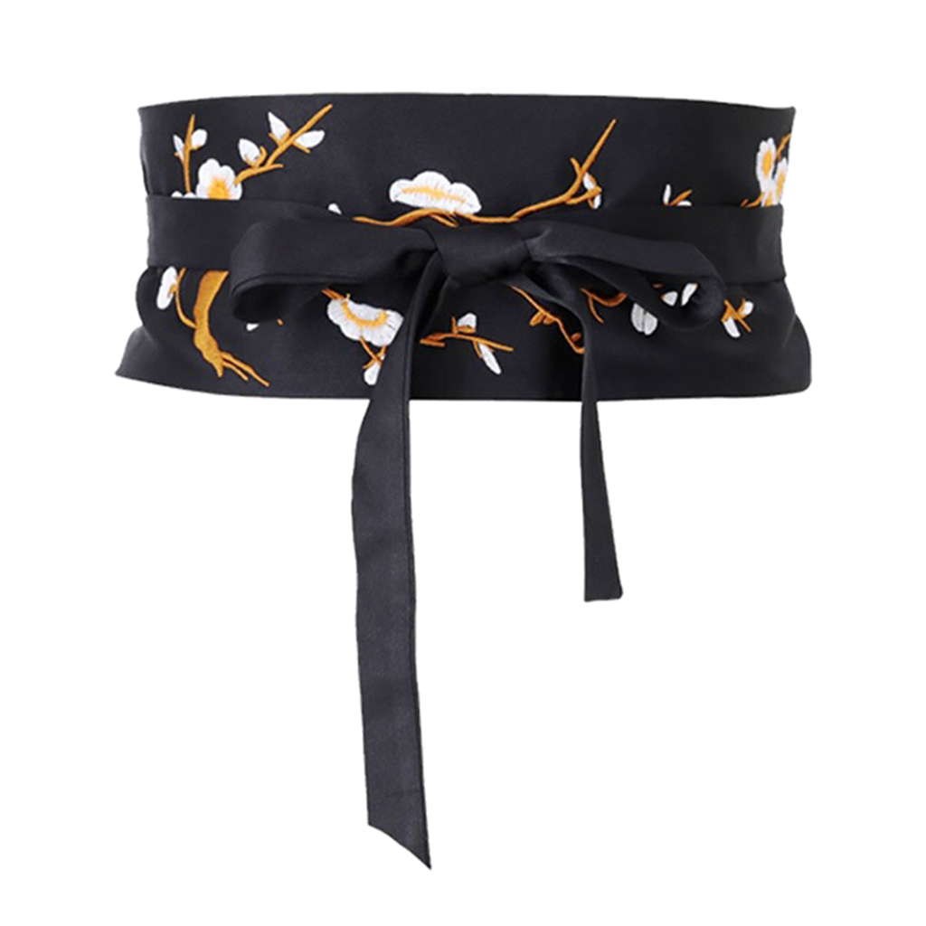 Vintage Style Embroidered Flower Pattern Waistband Obi Belt Corset Belt with Self Tie Long String for Special Dress