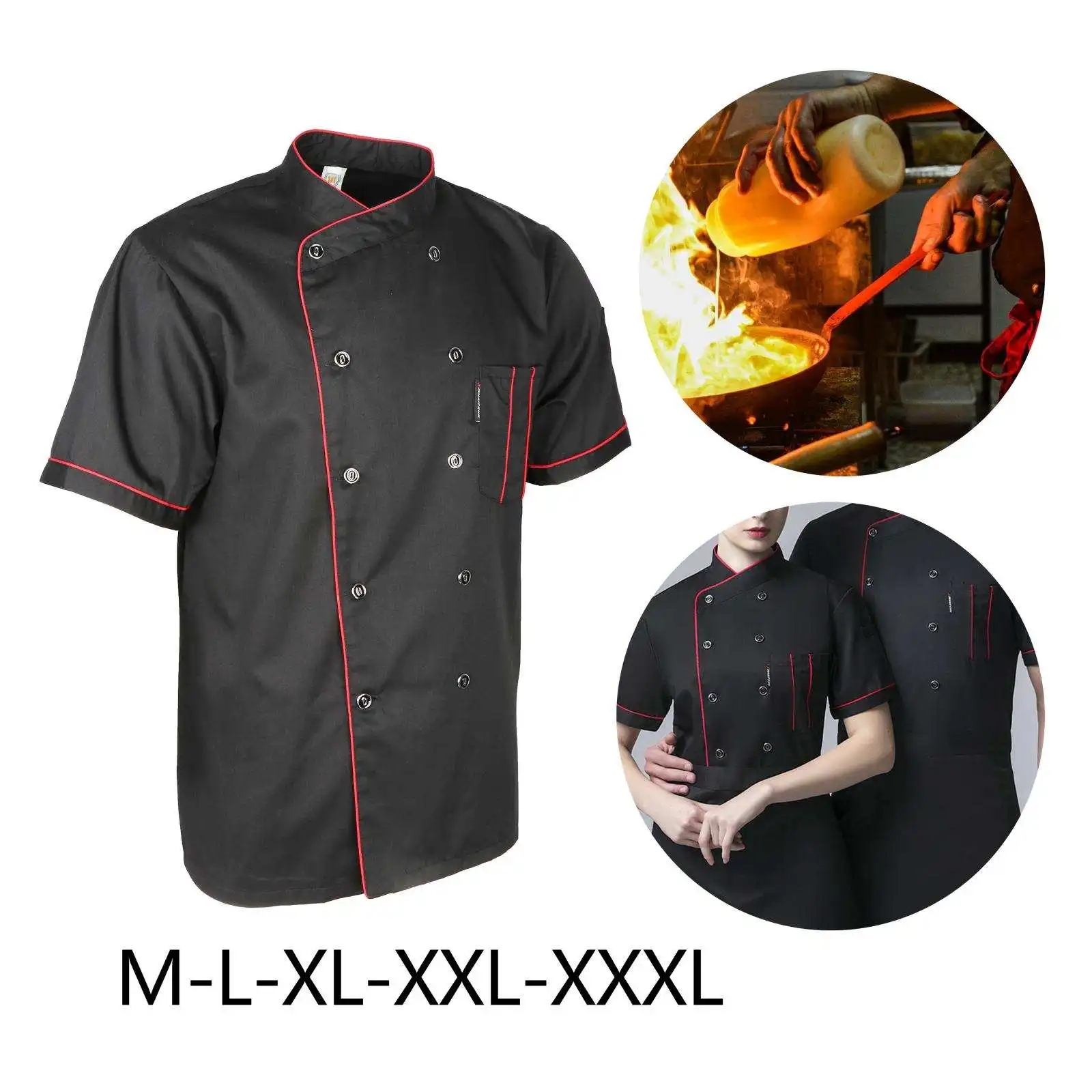Prettyia Unisex Denim Chef Jacket Coat Short Sleeves Shirt Kitchen Uniform 