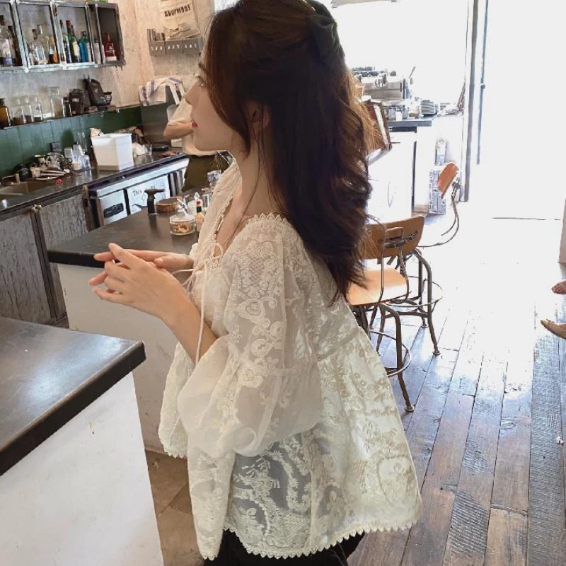 blusas femininas estilo coreano fada renda vintage bordado elegante gola quadrada folgada três quartos transparente top doce casual