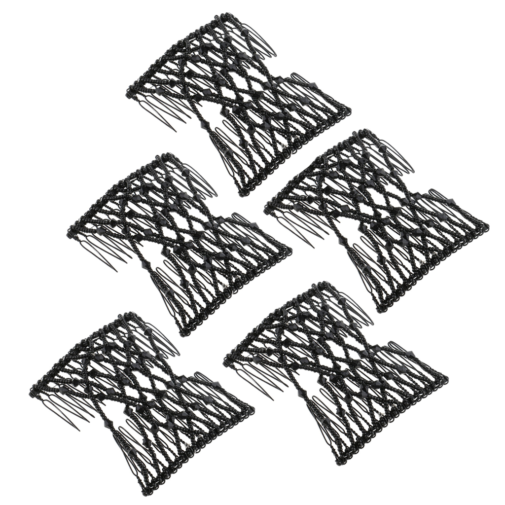 5pcs Black Stretch Flower Hairpin Bow Glass Bead Hair Head Comb Double Clips