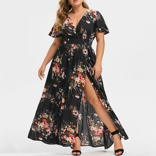 Women's Bohemian Floral Printed Wrap V Neck Short Sleeve