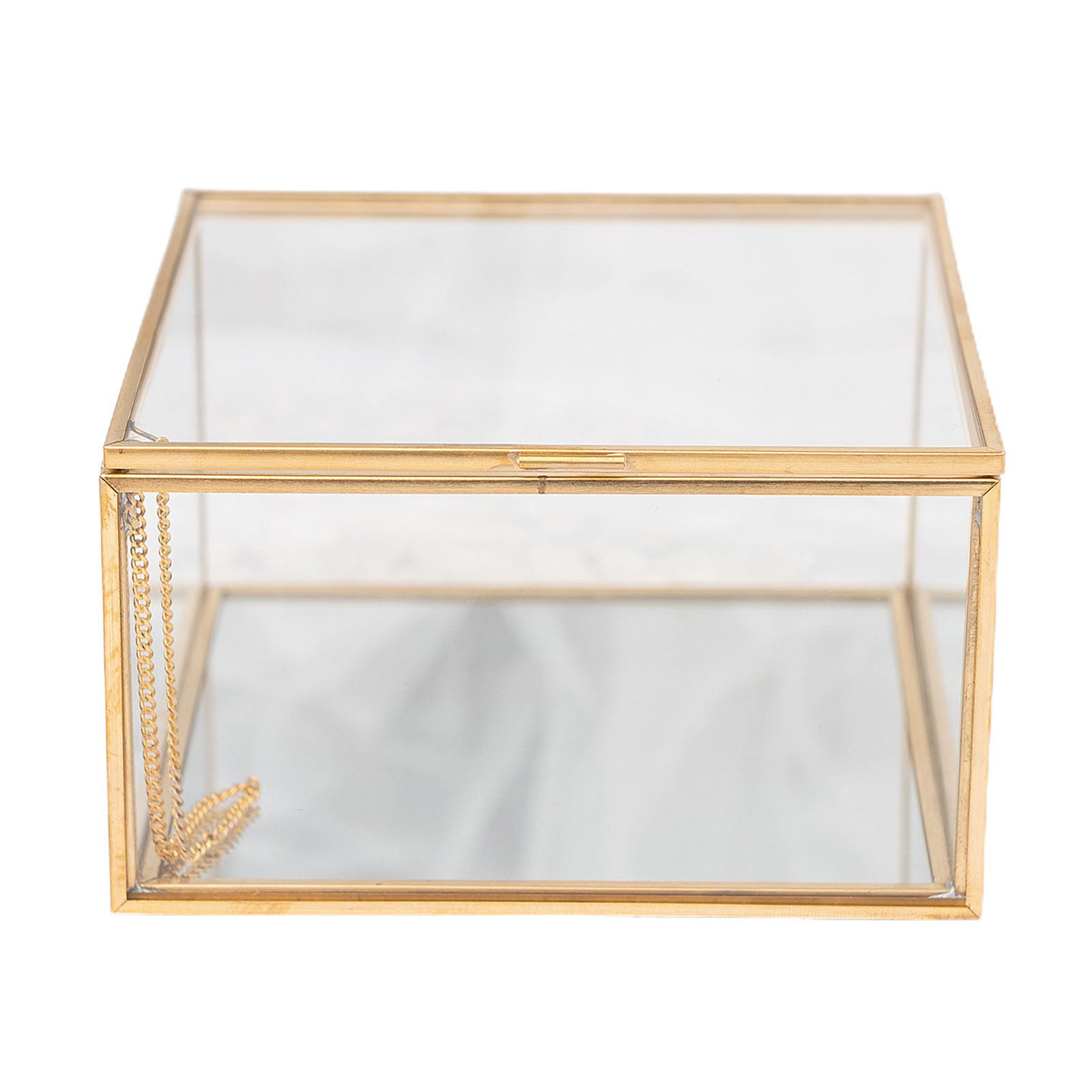 Golden Square Vintage Brass & Clear Glass Decorative Box Home Decor, Small Jewelry Case Box Organizer with Latching Lid 5x5x3