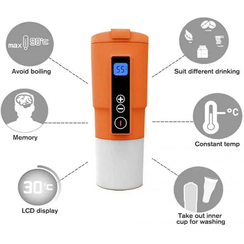 500ml 12V Smart Auto Electric Heating Travel Coffee Mug for Car Temperature Control LCD Display Easily Washing