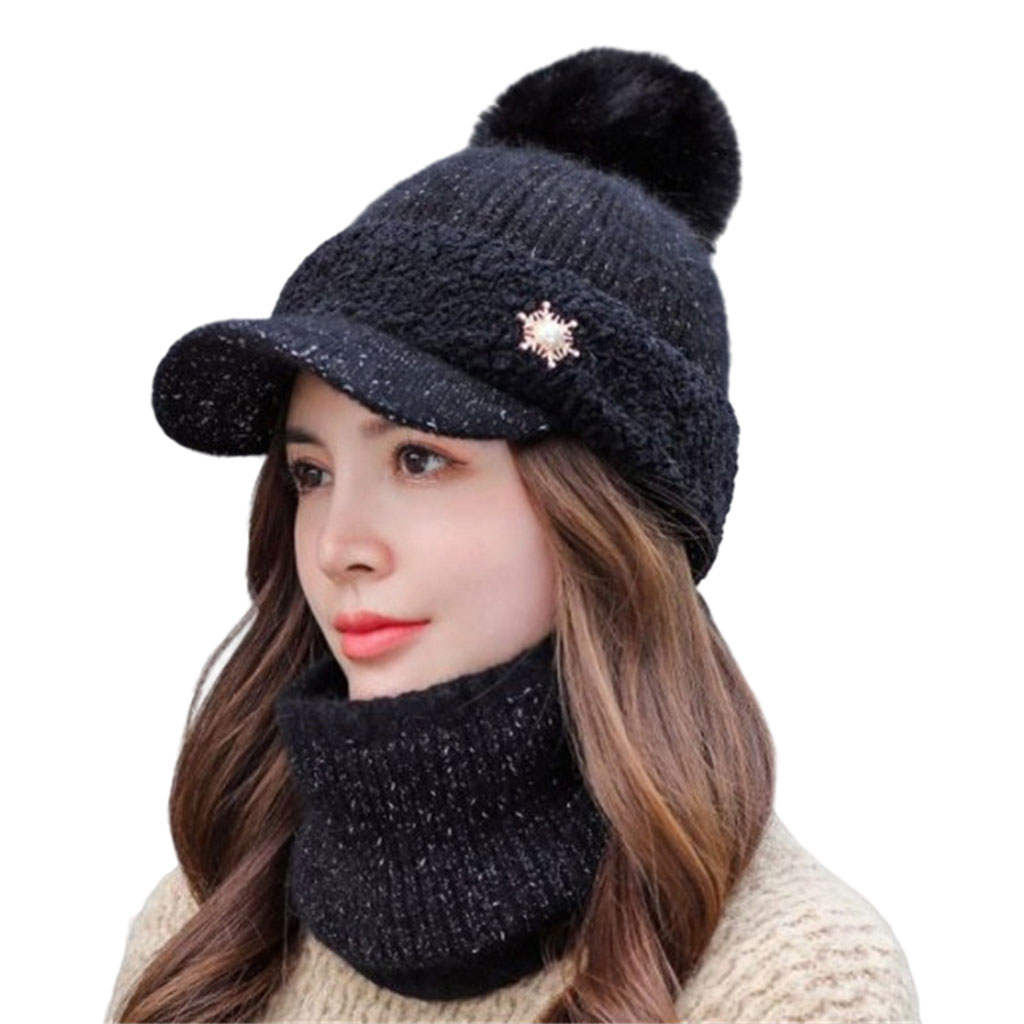 Women's Warm Beanie Hat Scarf Set, Knitted Wool Thick Visor Slouchy Skull Caps for Outdoor Ski, Cycling and Camping, Ladies