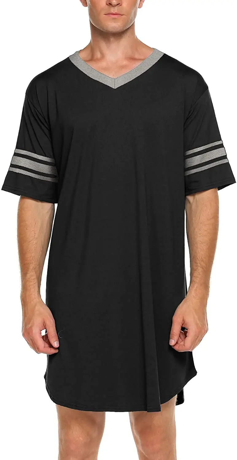 Men Cotton Nightshirt Short Sleeve V-neck Soft Loose Nightwear Comfortable Men Sleepwear Male Homewear Sleepshirts