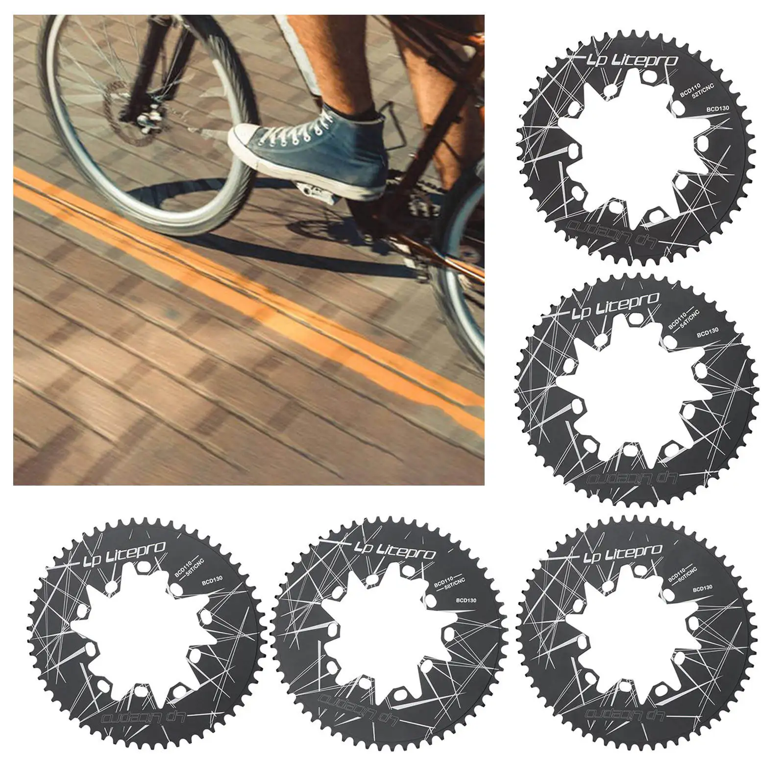 Bike Chainwheel 52T/54T/56T/58T/60T Ultralight 7-10 Speeds 130BCD Road Bicycle Chainring Chain Wheel Chain Ring Replacement Part