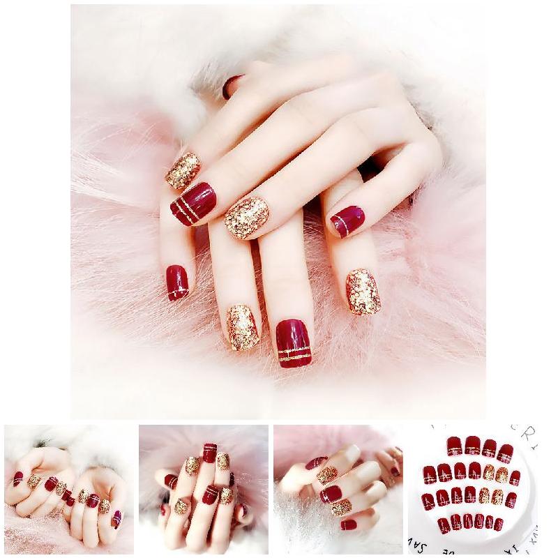 Falsas com Glitter Curto Vinho Vermelho Prego Arte Unhas Dourado Champanhe Casamento Unha Ponta Completa Hjl2022 24 Pçs 9 24 pçs curto vinho vermelho prego arte