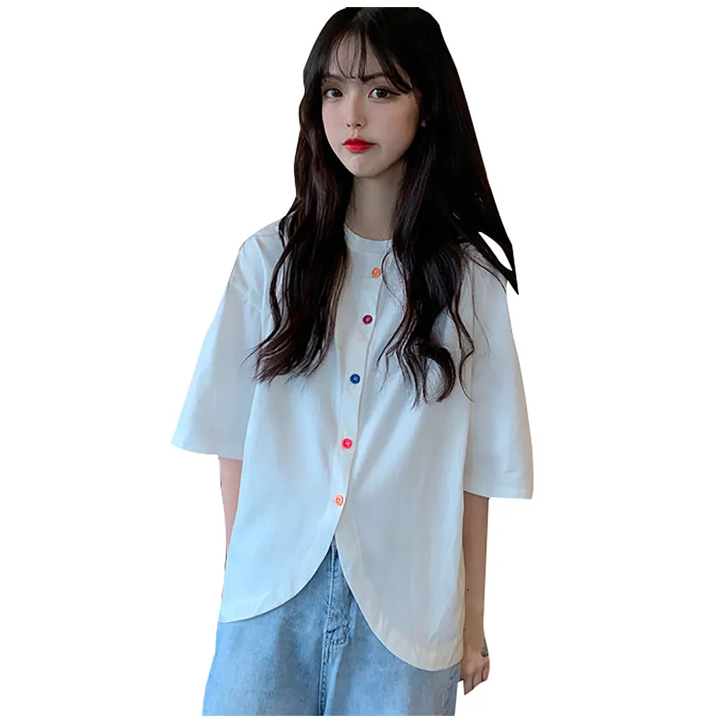 40#Women's Retro Blouses Loose Color Button O-neck Short Sleeve Shirt Irregular Spring Elegant Top Korean Sweet Blouse блузка womens shirts and blouses