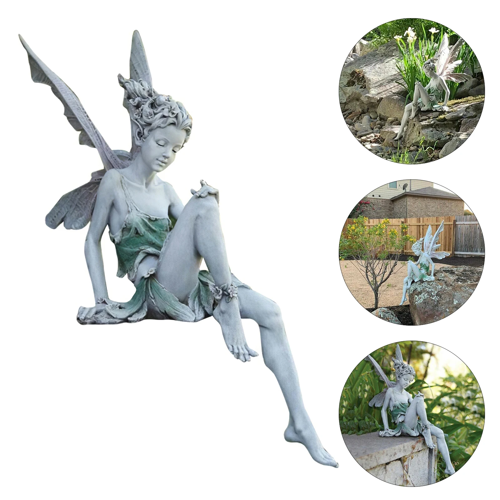 Turek Resin Sitting Fairy Statue Garden Ornament Porch Sculpture Patio Sculpture Craft for Home Garden Decoration
