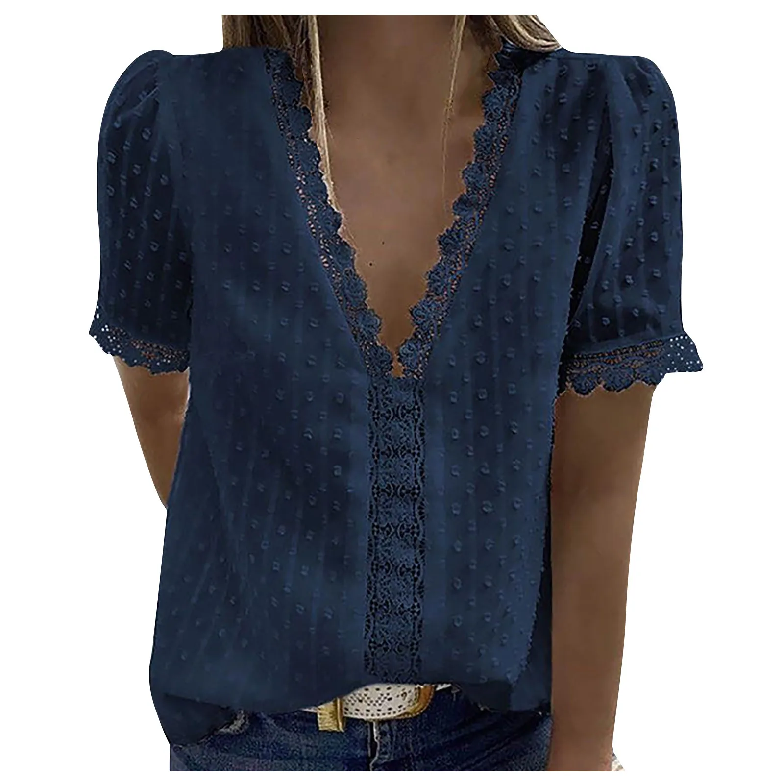Women Blouse Tops Lace Short Sleeve Large size Loose Casual shirt V-neck Solid Color Top Summer Casual Blouses 
