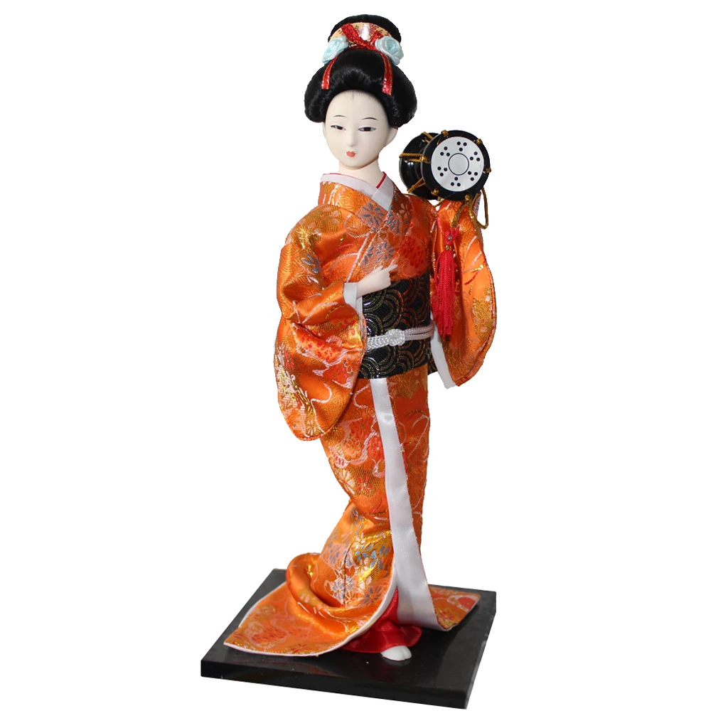 12inch Japanese Kimono Geisha Dolls Kokeshi Crafts Decoration Orange Clothes