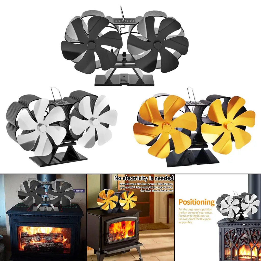 Double 6 Blades Fireplace Fan, Fuel Cost Saving Eco-Friendly Heat Powered Stove Fan for Wood / Log Burner / Fireplace 12 Blades