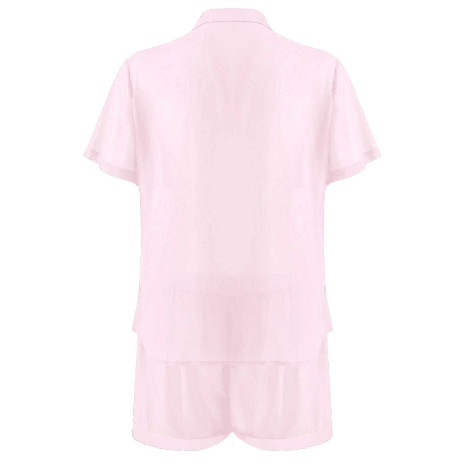 Mens Male Pajama Set See-through Sissy Nightwear Sleepwear Satin Patchwork Chiffon Lapel Short Sleeve Button Tops with Shorts mens pajama pants