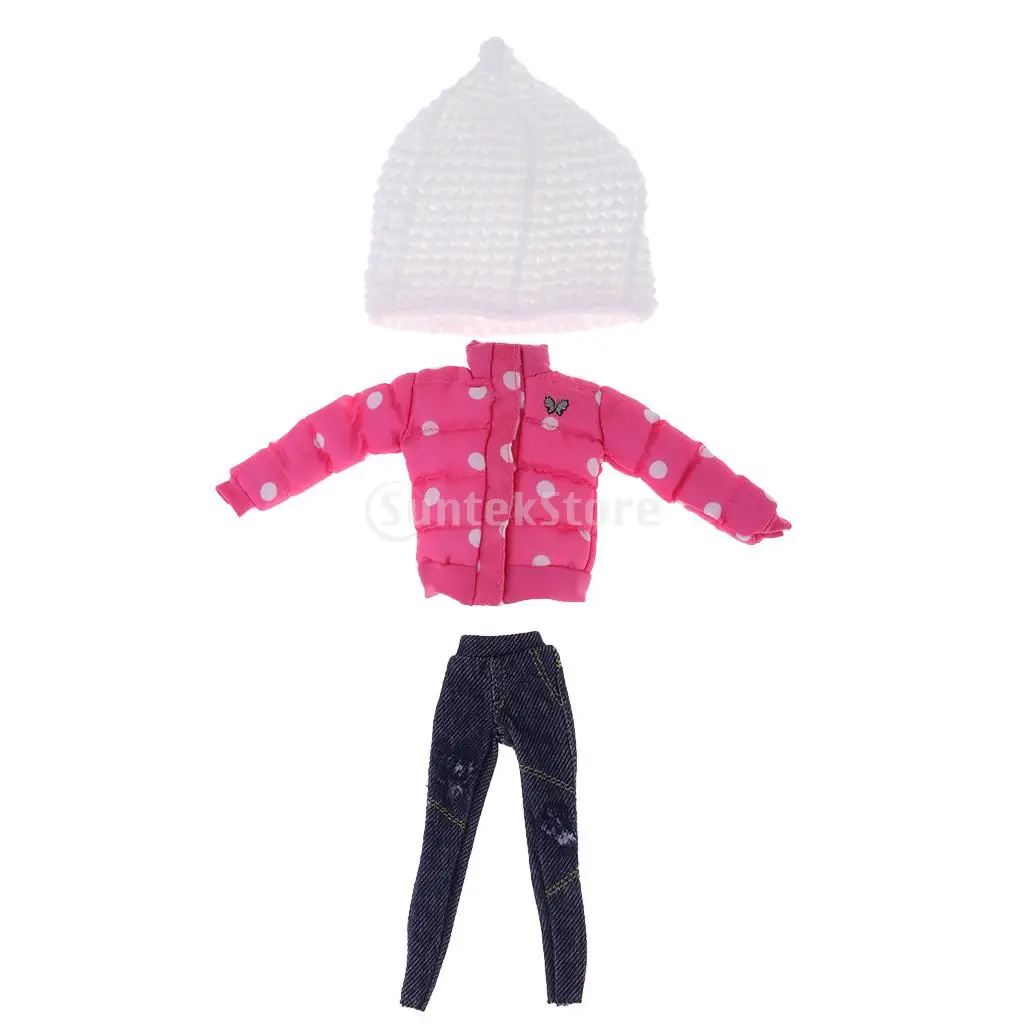 1/6 Lovely Pink Winter Jacket & Jeans With Hat Set For Blythe Doll Dress Up