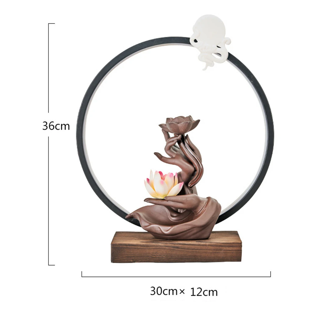 Louts Waterfall Incense Holder Backflow Inscent Cone Burner LED Light Handcraft