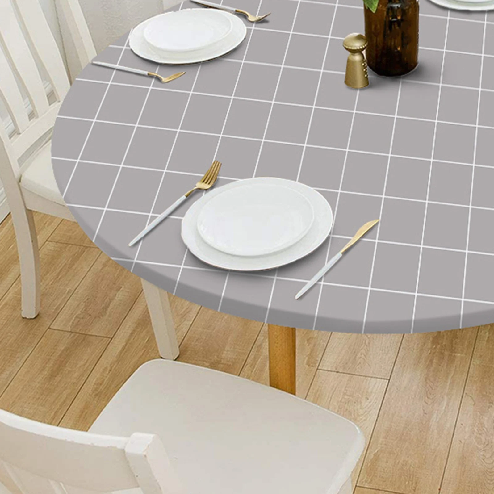 Fitted Table Cloth Water Resistance Dinner Table Cover Dust Proof Wipe Clean Plaid Table Cover Elastic Edged Large Round Table