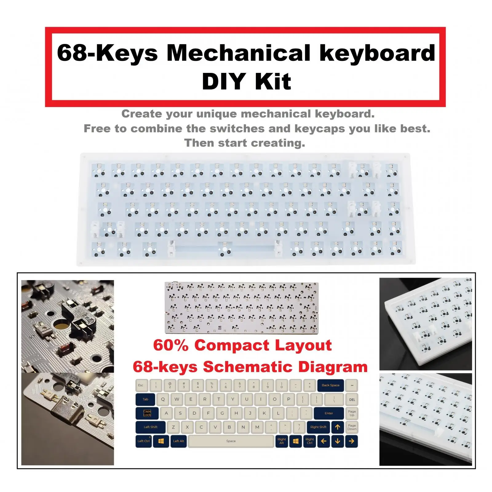 gaming computer keyboard 65% Compact Layout Acrylic Transparent DIY Kit 68 Keys Computer Mechanical Keyboard RGB Backlight ,Plug and Play, Parts portable computer keyboard