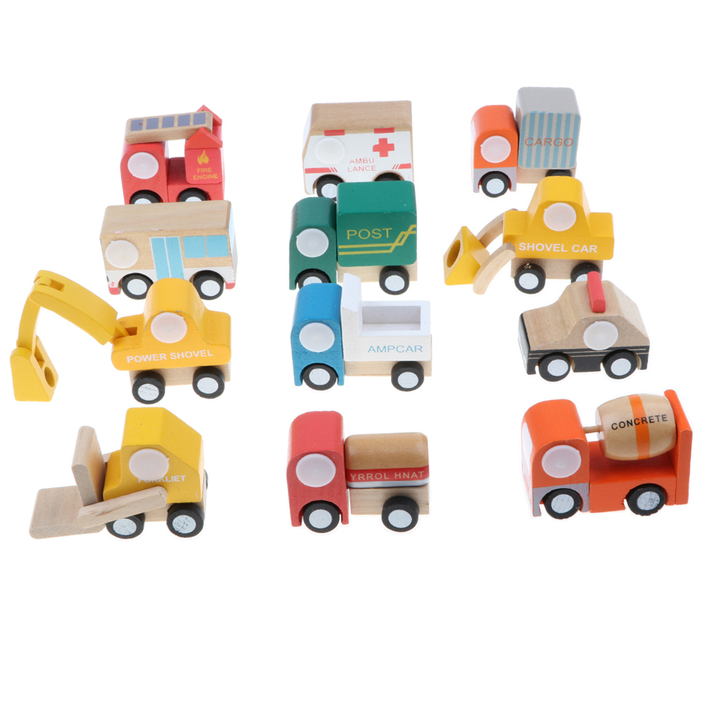 Wooden Urban Vehicle Set for Children - 12 Pieces, Truck, Bus, School Bus,