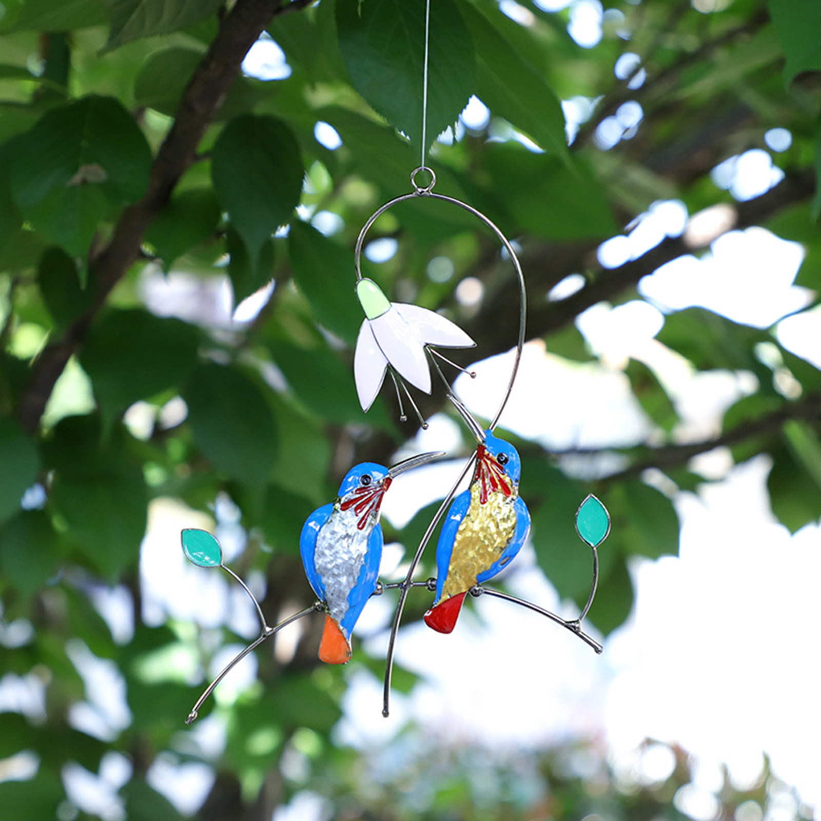 Hummingbirds Stained Glass Suncatcher Birds Pendant Outdoor Home Decoration