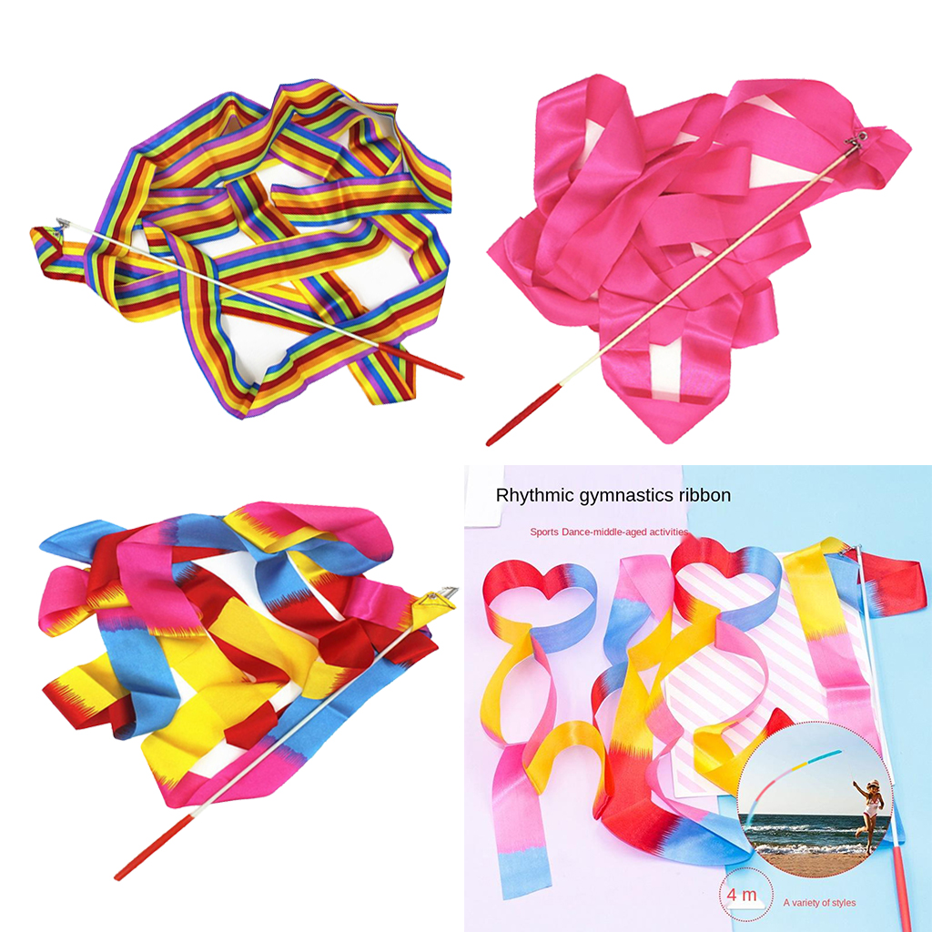 Dance Ribbons Rainbow Streamers Rhythmic Gymnastics Ribbon Baton Twirling Wands on Sticks for Kids Artistic Dancing